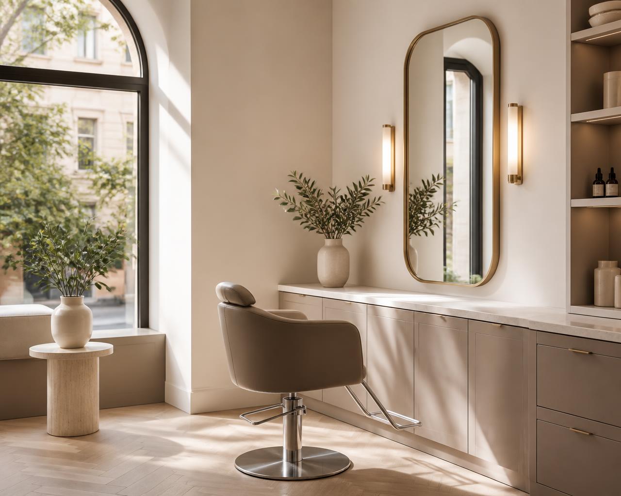 Calm salon interior with a styling chair, brass mirror and soft daylight